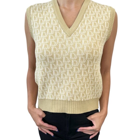 Christian Dior Vintage Logo Trotter Monogram Knit Vest #M Beige Wool [103477] - Picture 3 of 10